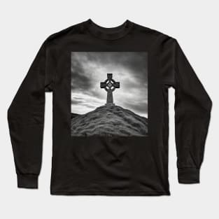 Ancient Celtic Cross on a Burial Mound hill on a hill beneath a stormy, angry sky Long Sleeve T-Shirt